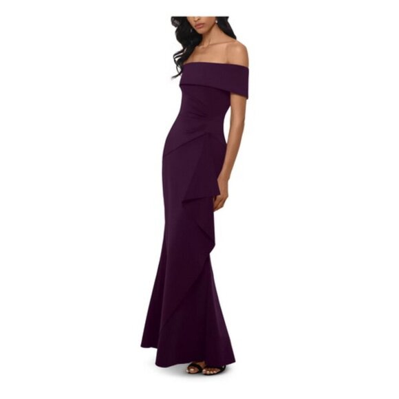 Xscape Plum Purple Ruffled Off-The-Shoulder Gown